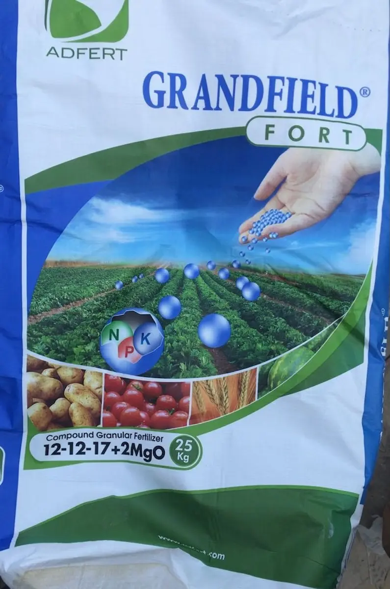 Close up a NPK 12-12-17 Grandfield fertiliser bag