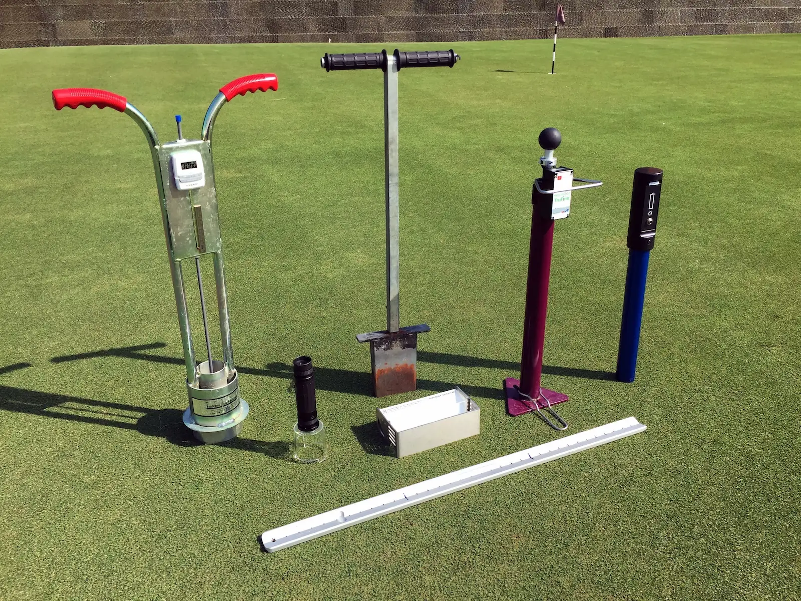 Golf course surface performance testing tools. Stimp Meter, Infiltrometer, Trufirm, soil profile sampler, macroscope, prism gauge, soil moisture probe.