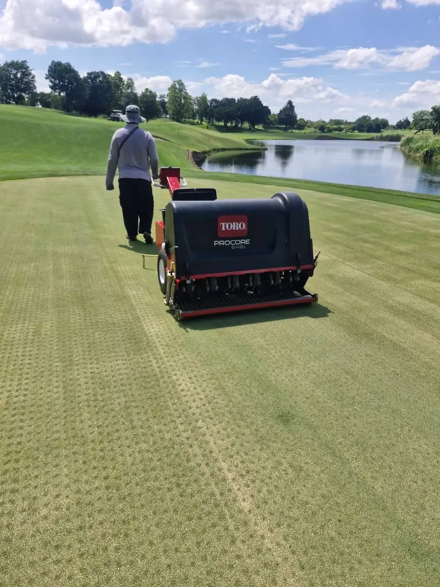 Aerating golf course greens with solid tines after topdressing