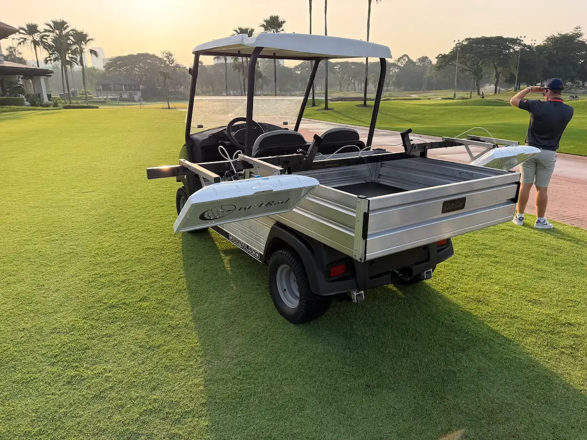A TurfRad moisture sensing array mounted to the back of a golf cart at a turf trade show in Malaysia