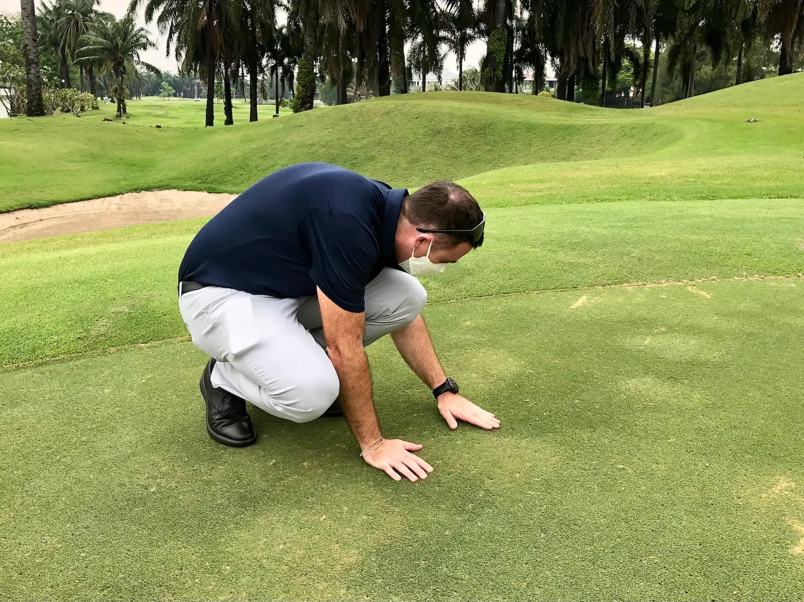 Brad Revill inspecting a golf green turf surface condition